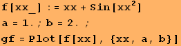 f[xx_] := xx + Sin[xx^2]      RowBox[{RowBox[{a, =, 1.}], ;, RowBox[{b, =, 2.}],  , ;}] gf = Plot[f[xx], {xx, a, b}] 