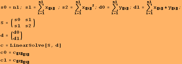 s0 = n1 ; s1 = Underoverscript[∑, i = 1, arg3] x_〚i〛   ; s2 = Un ... Solve[S, d] c0 = c_〚1〛_〚1〛 c1 = c_〚2〛_〚1〛 
