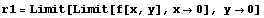 r1 = Limit[Limit[f[x, y], x0], y0]