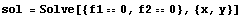 sol = Solve[{f10, f20}, {x, y}]