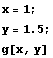 x = 1 ; RowBox[{RowBox[{y, =, 1.5}], ;}] g[x, y] 