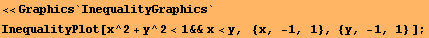 <<Graphics`InequalityGraphics` InequalityPlot[x^2 + y^2<1&&x<y,    {x, -1, 1}, {y, -1, 1} ] ; 