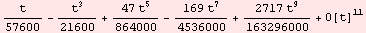 t/57600 - t^3/21600 + (47 t^5)/864000 - (169 t^7)/4536000 + (2717 t^9)/163296000 + O[t]^11