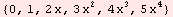 {0, 1, 2 x, 3 x^2, 4 x^3, 5 x^4}