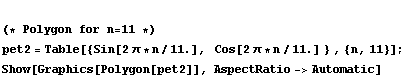  (* Polygon for n = 11 *)  pet2 = Table[{Sin[2 π * n/11.],    Cos[2 π * n/11.] } , {n, 11}] ; <br /> Show[Graphics[Polygon[pet2]], AspectRatio -> Automatic]