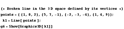  (* Broken line in the 3 D space defined by its vertices *)  points = { {1, 0, 2}, {5, 7, -1}, {-2, -3, -4}, {1, 4, 9}} ;  k1 = Line[ points ] ; <br /> g6 = Show[Graphics3D[ k1]]